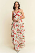 Davi & Dani Contrast Ring Lace Layered Ruffle Maxi Cami Dress - Velora Luxury Fashion