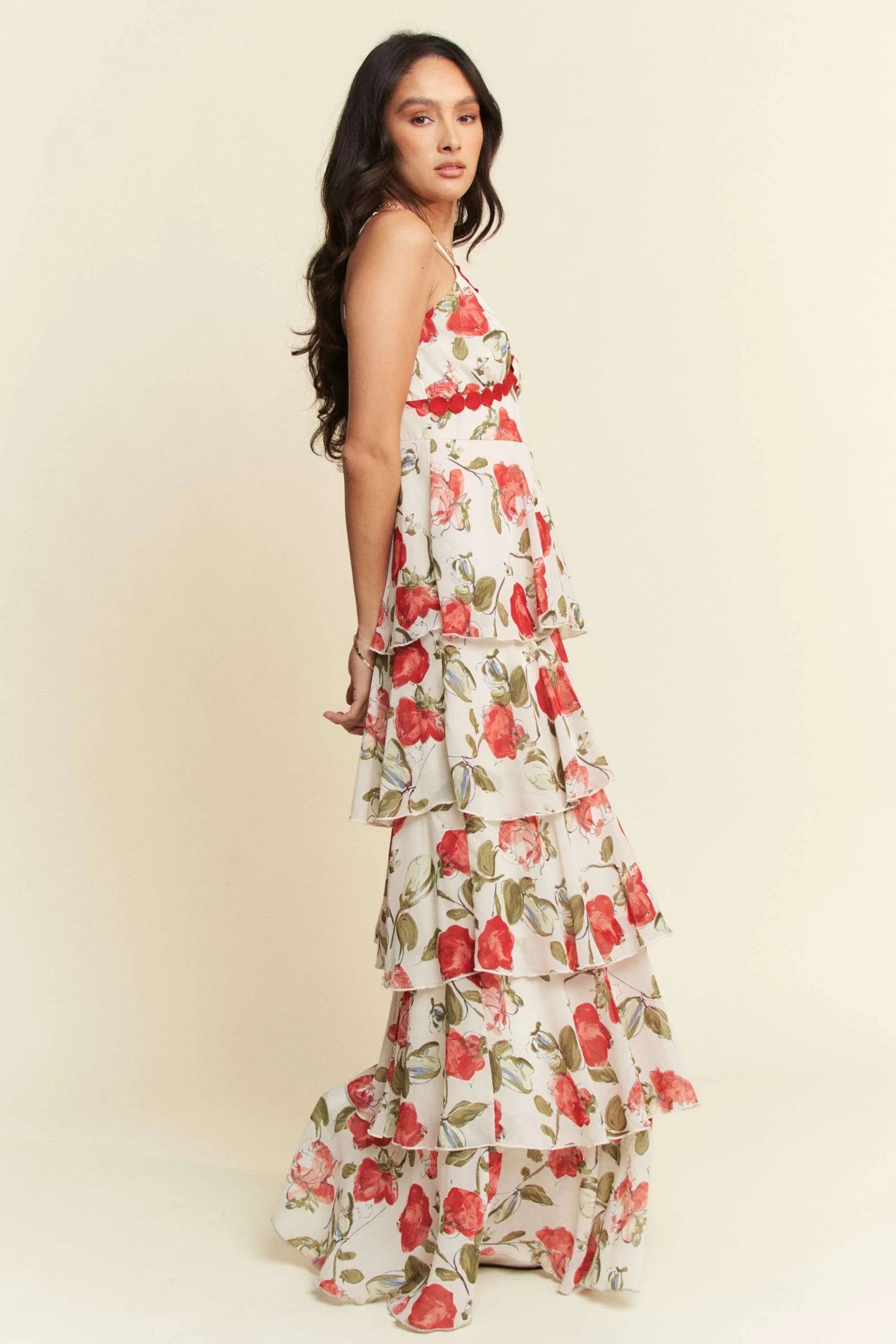 Davi & Dani Contrast Ring Lace Layered Ruffle Maxi Cami Dress - Velora Luxury Fashion