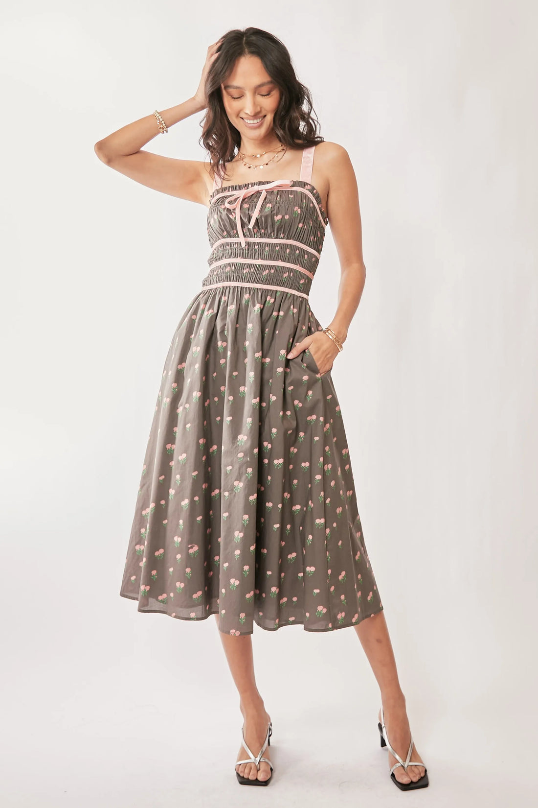 Davi & Dani Contrast Velvet Tape Smocking Bodice Midi Dress - Velora Luxury Fashion