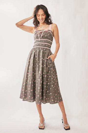 Davi & Dani Contrast Velvet Tape Smocking Bodice Midi Dress - Velora Luxury Fashion