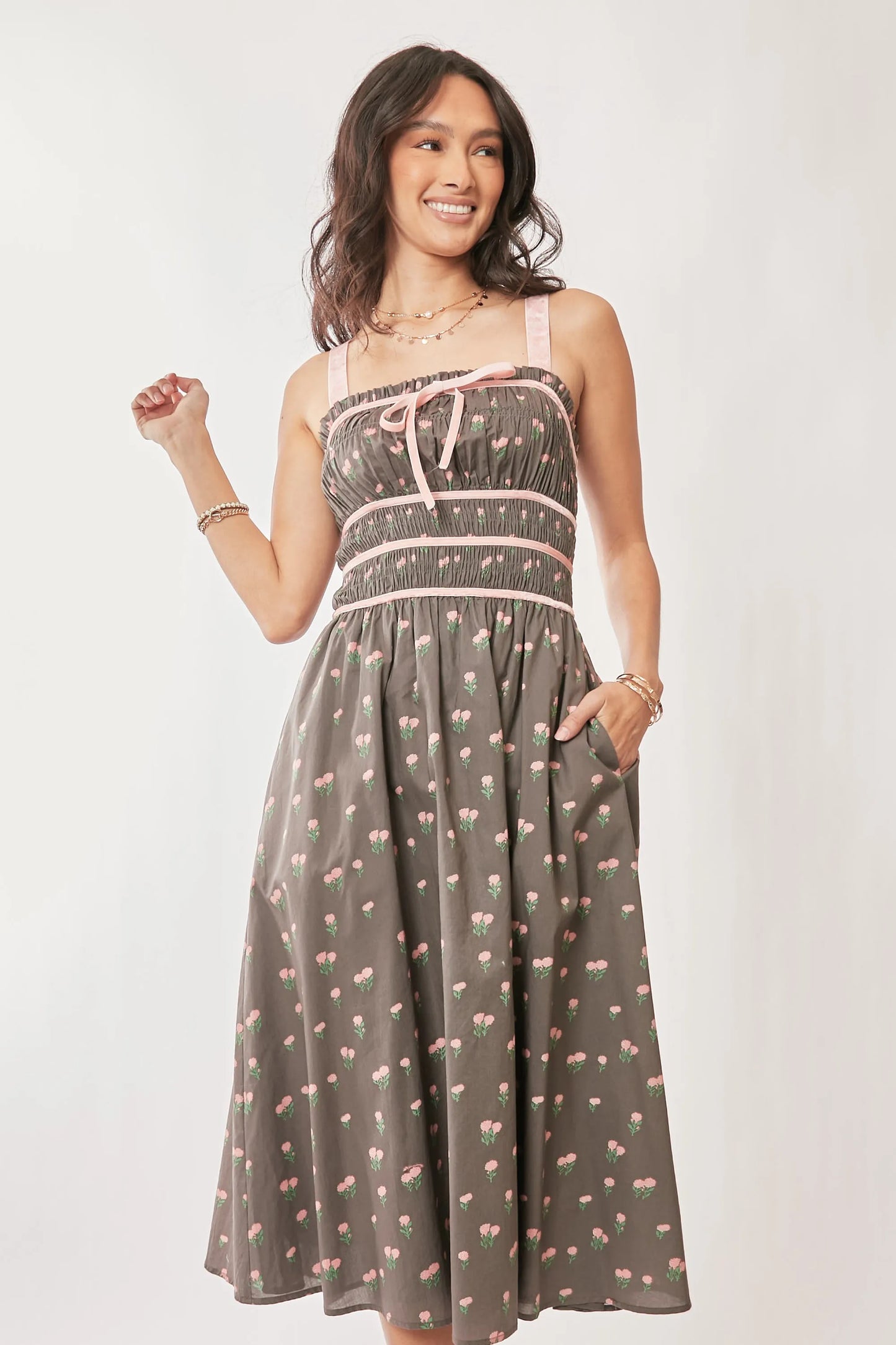 Davi & Dani Contrast Velvet Tape Smocking Bodice Midi Dress - Velora Luxury Fashion