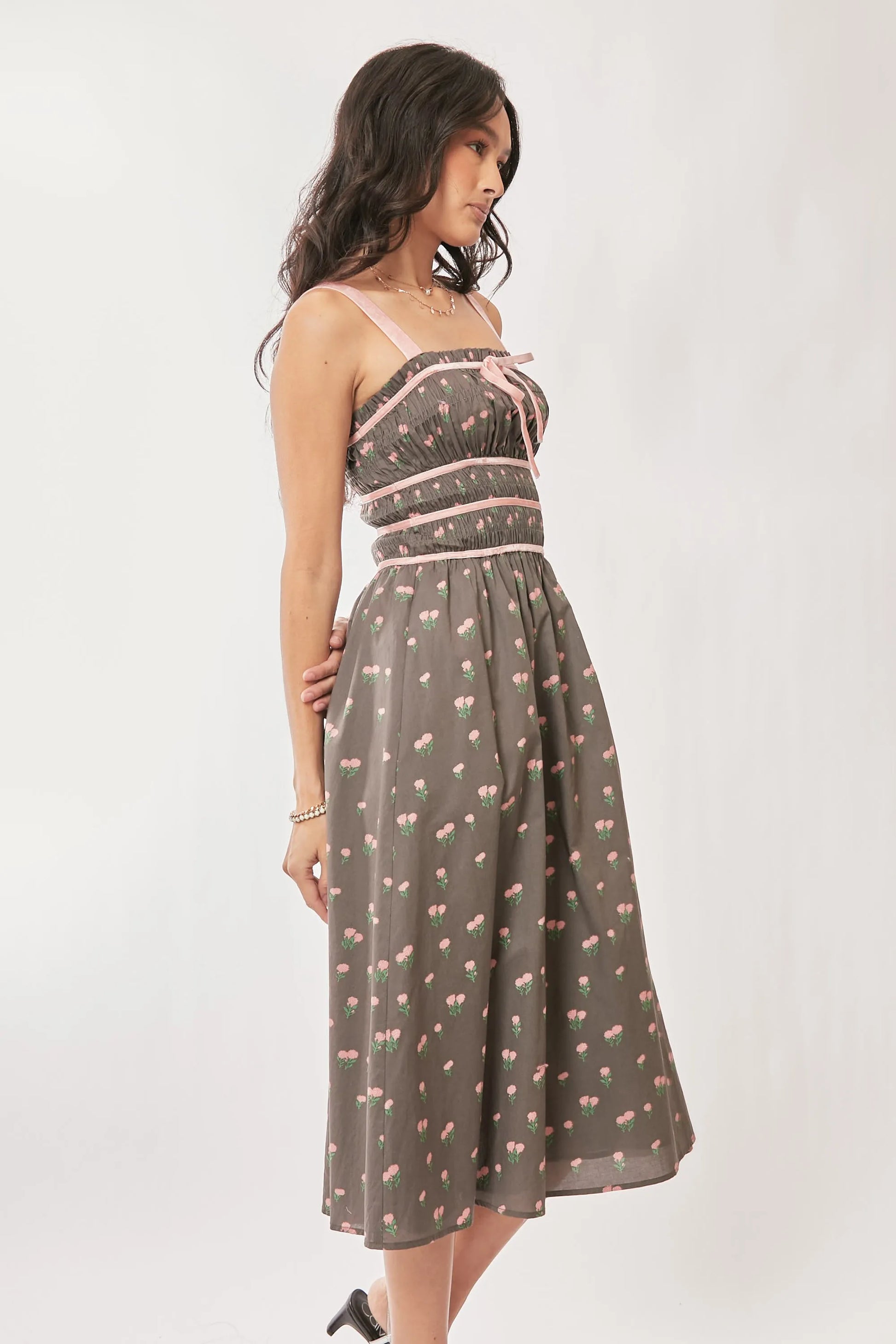 Davi & Dani Contrast Velvet Tape Smocking Bodice Midi Dress - Velora Luxury Fashion