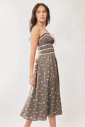 Davi & Dani Contrast Velvet Tape Smocking Bodice Midi Dress - Velora Luxury Fashion