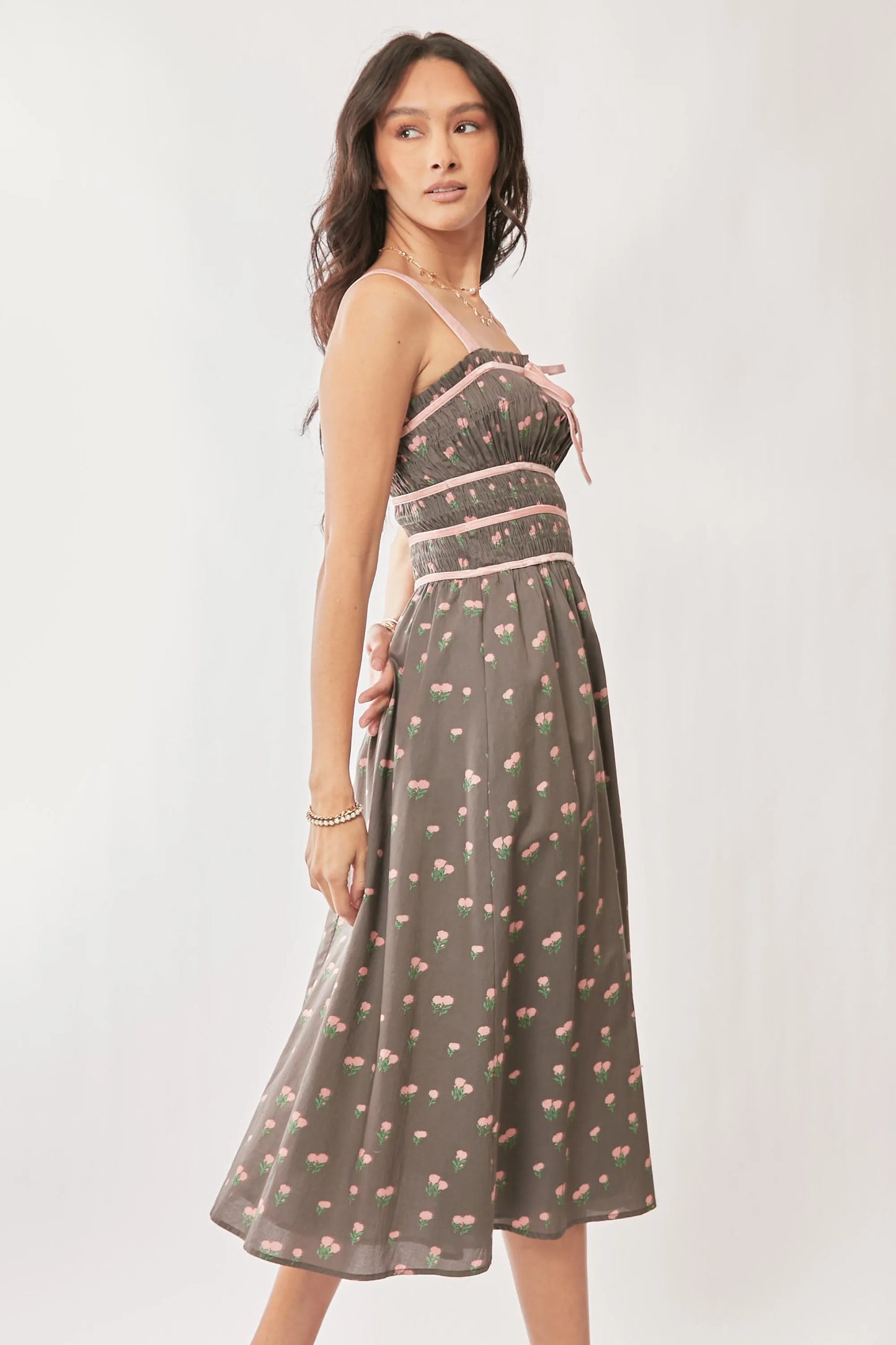 Davi & Dani Contrast Velvet Tape Smocking Bodice Midi Dress - Velora Luxury Fashion