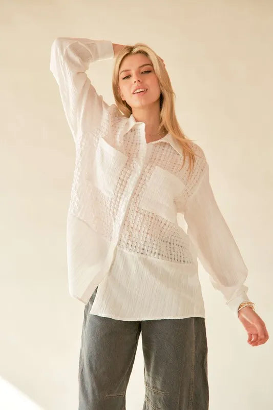 Davi & Dani Crinkled Jacquard Button Down Shirt - Velora Luxury Fashion