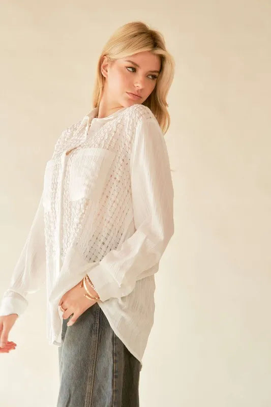 Davi & Dani Crinkled Jacquard Button Down Shirt - Velora Luxury Fashion