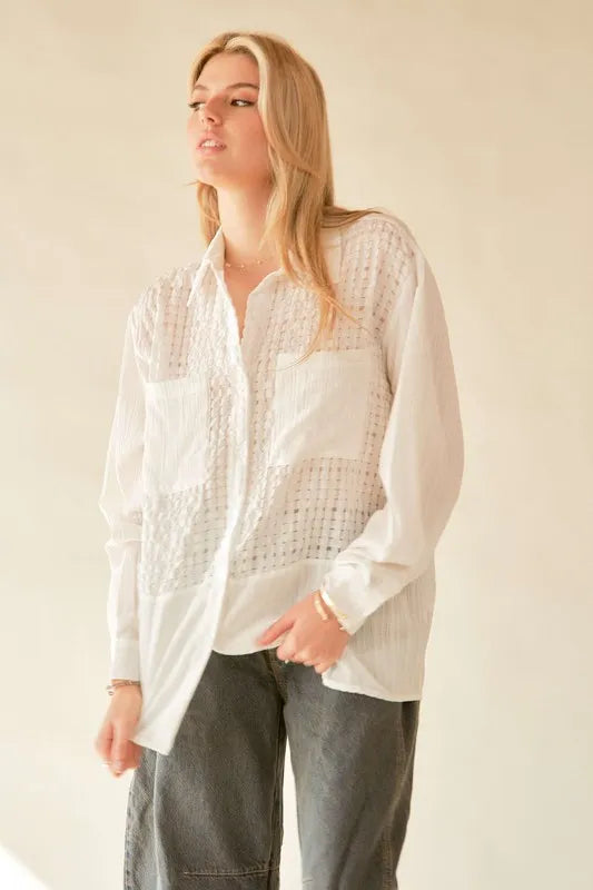 Davi & Dani Crinkled Jacquard Button Down Shirt - Velora Luxury Fashion