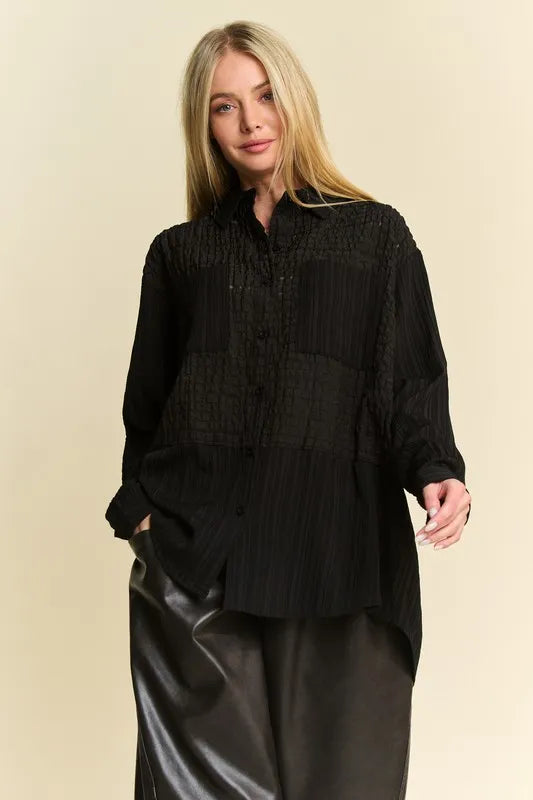 Davi & Dani Crinkled Jacquard Button Down Shirt - Velora Luxury Fashion