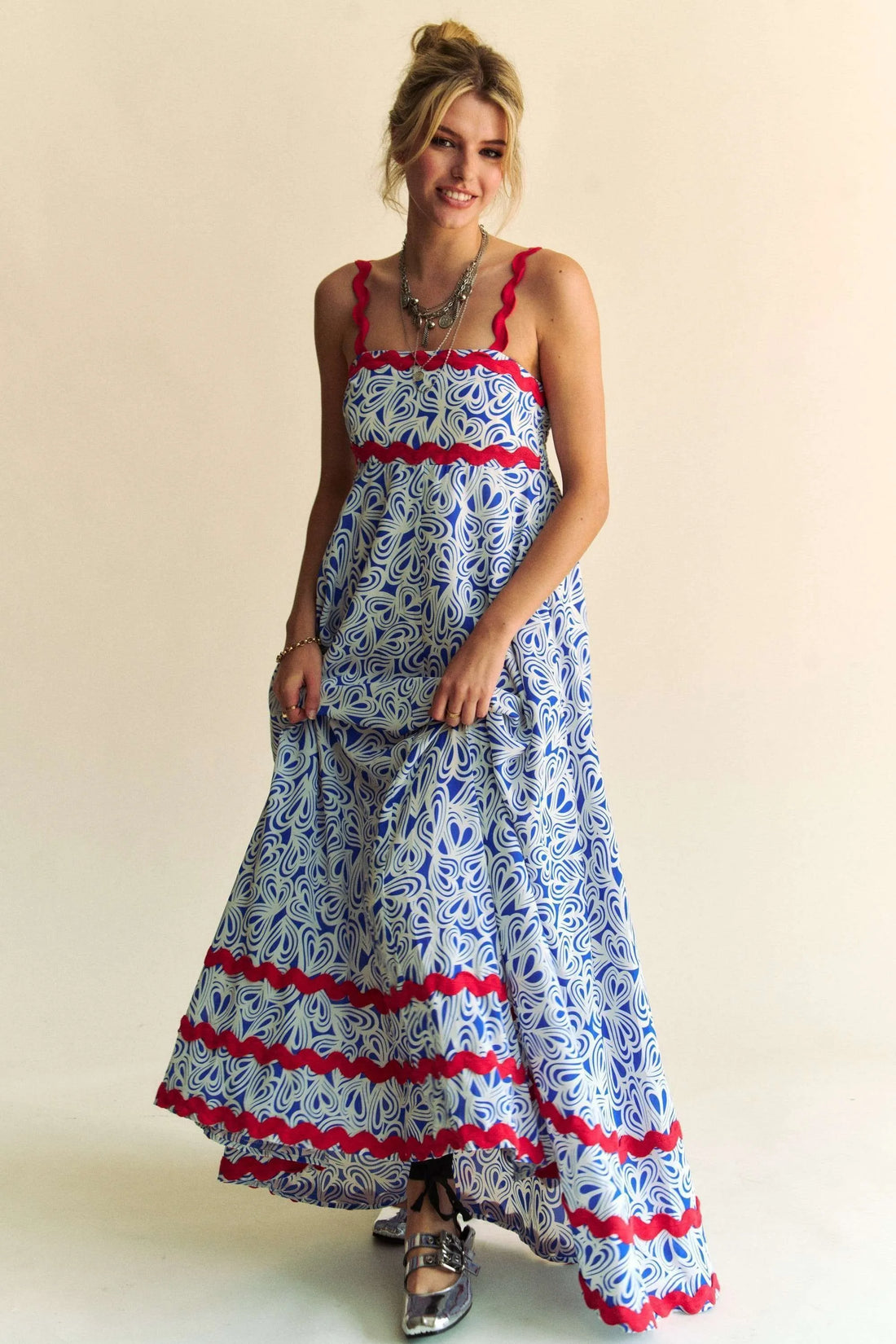 Davi & Dani Geo 2 Tone Printed Wavi Trim Tiered Maxi Dress - Velora Luxury Fashion