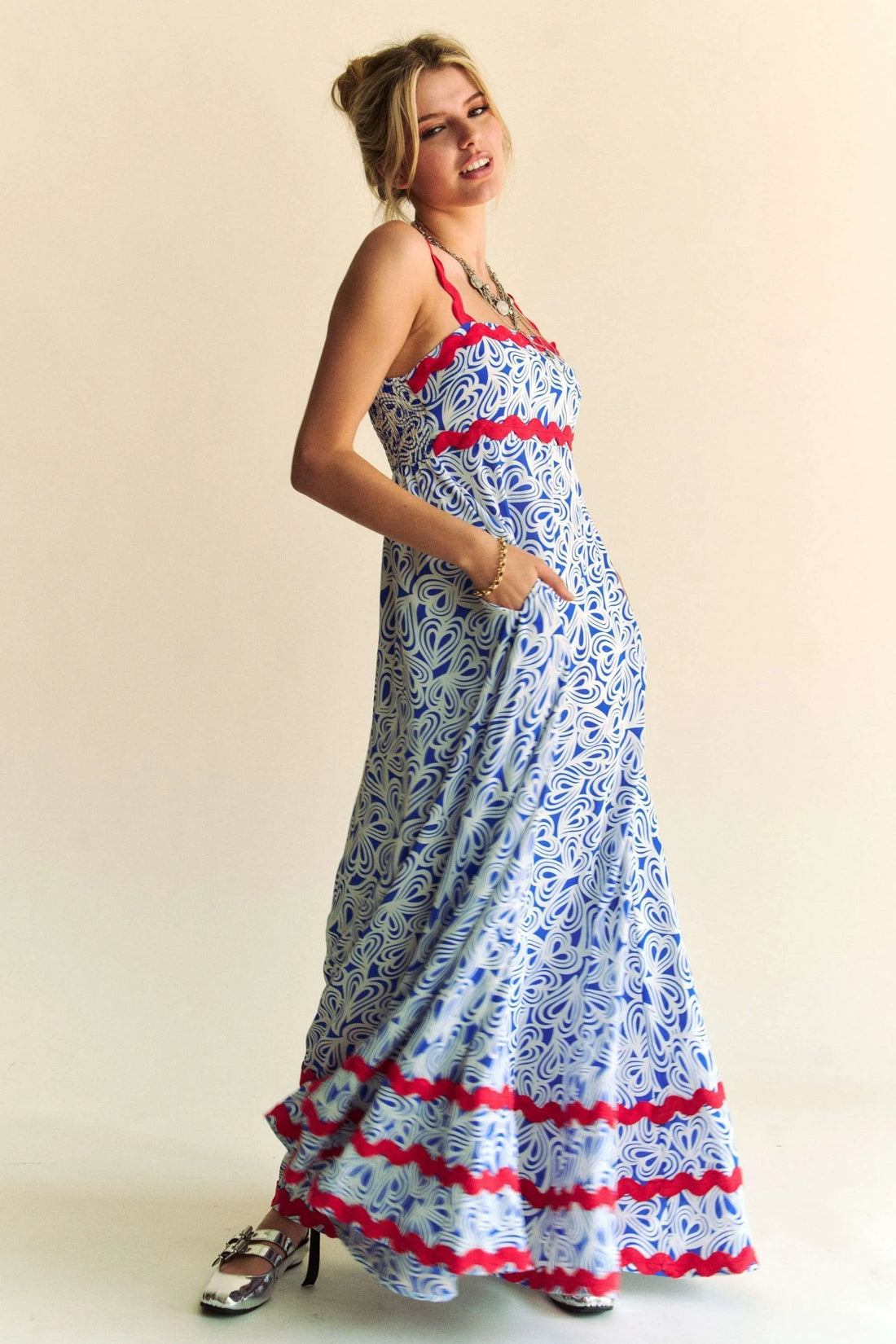 Davi & Dani Geo 2 Tone Printed Wavi Trim Tiered Maxi Dress - Velora Luxury Fashion