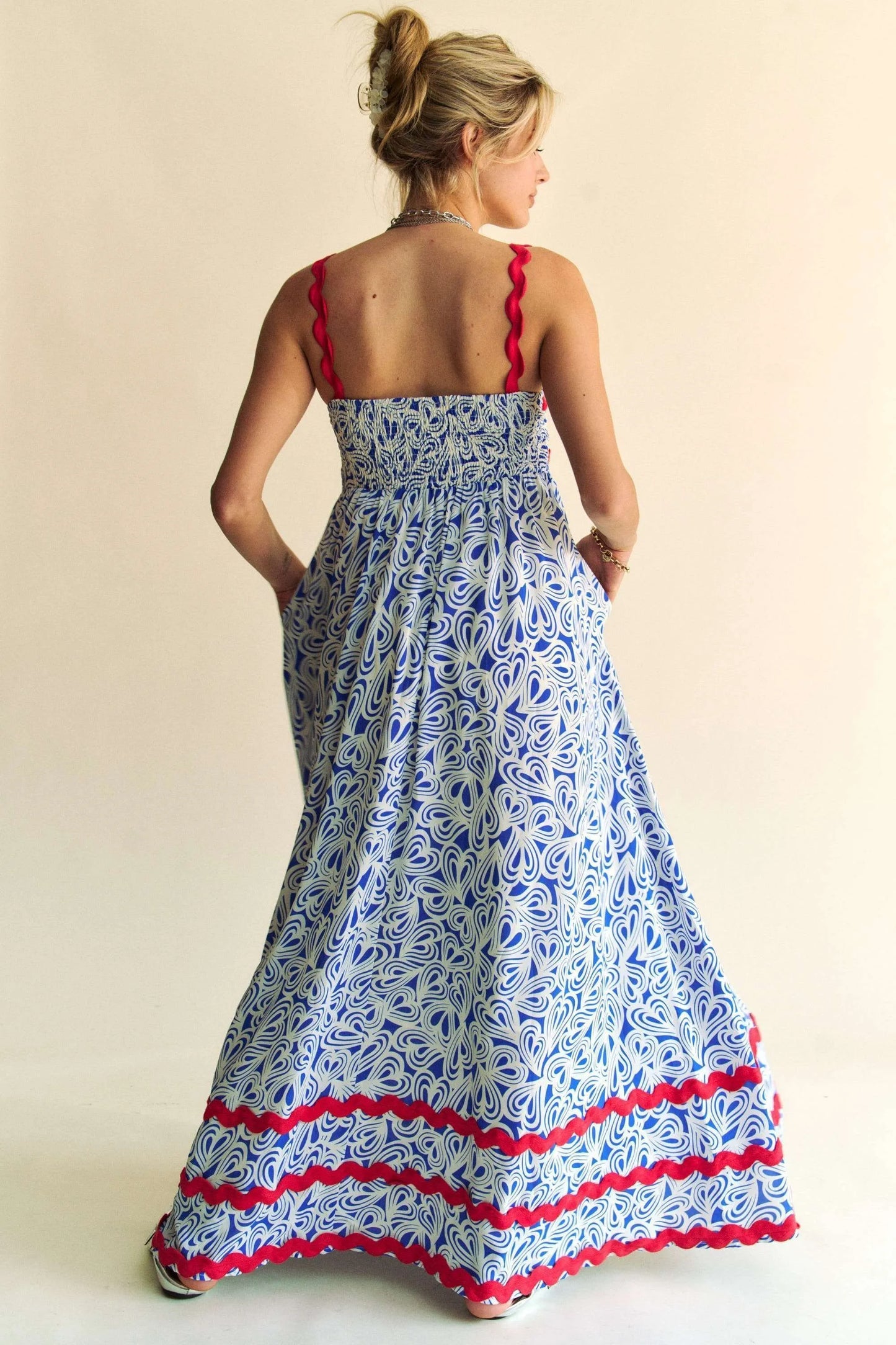 Davi & Dani Geo 2 Tone Printed Wavi Trim Tiered Maxi Dress - Velora