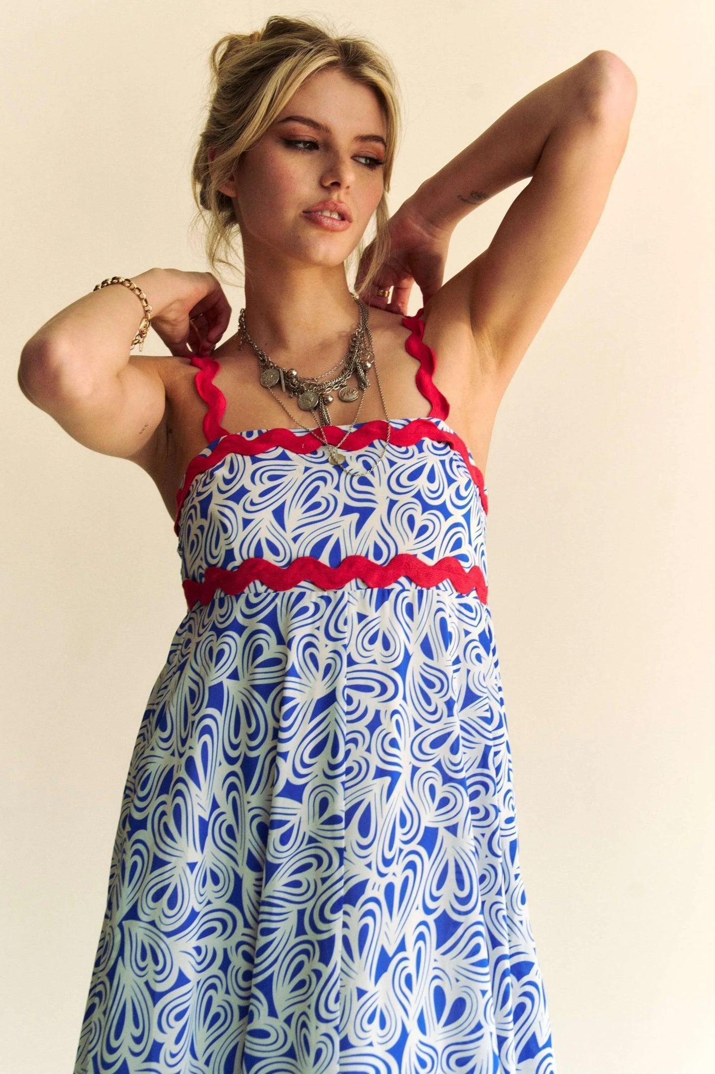 Davi & Dani Geo 2 Tone Printed Wavi Trim Tiered Maxi Dress - Velora