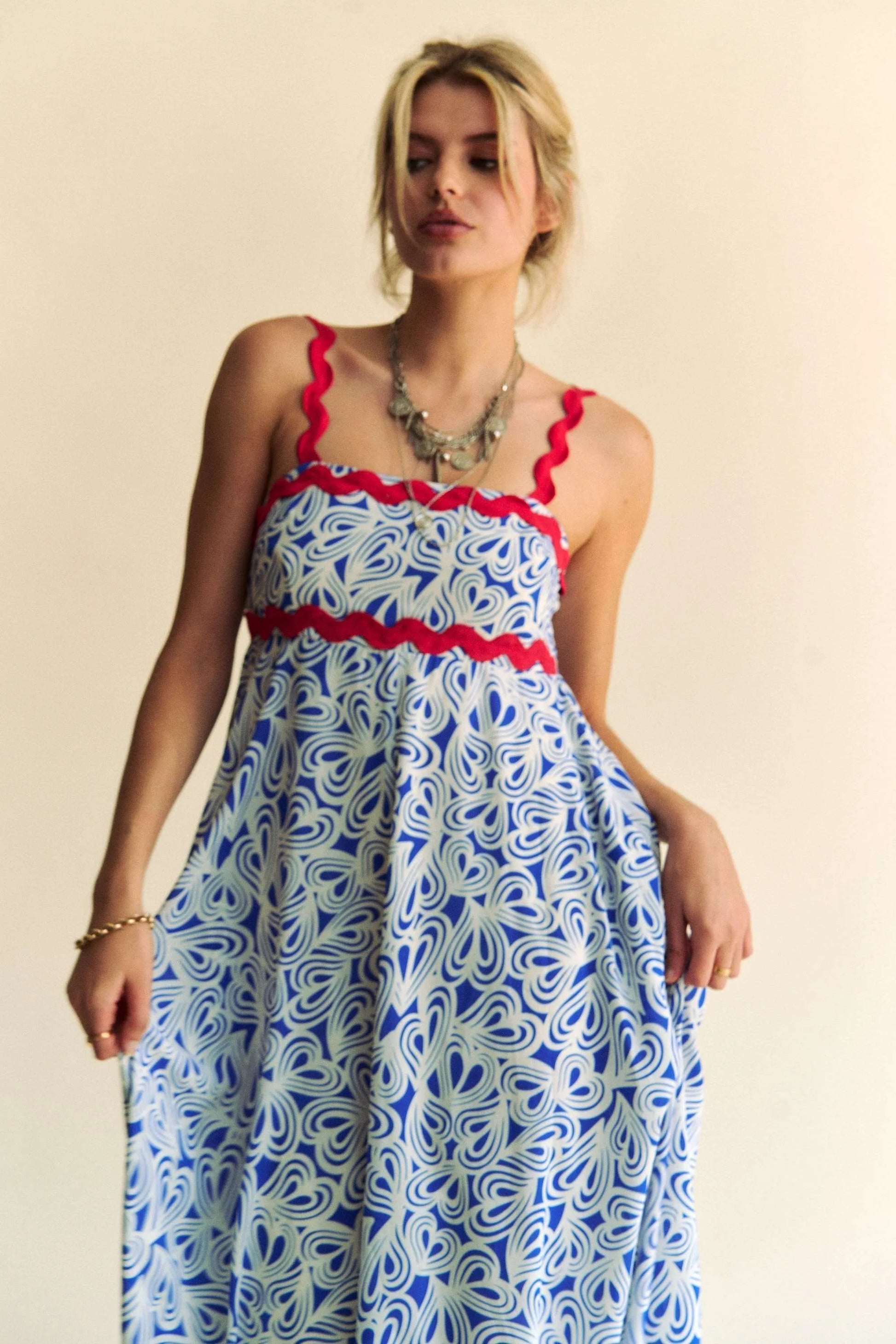 Davi & Dani Geo 2 Tone Printed Wavi Trim Tiered Maxi Dress - Velora