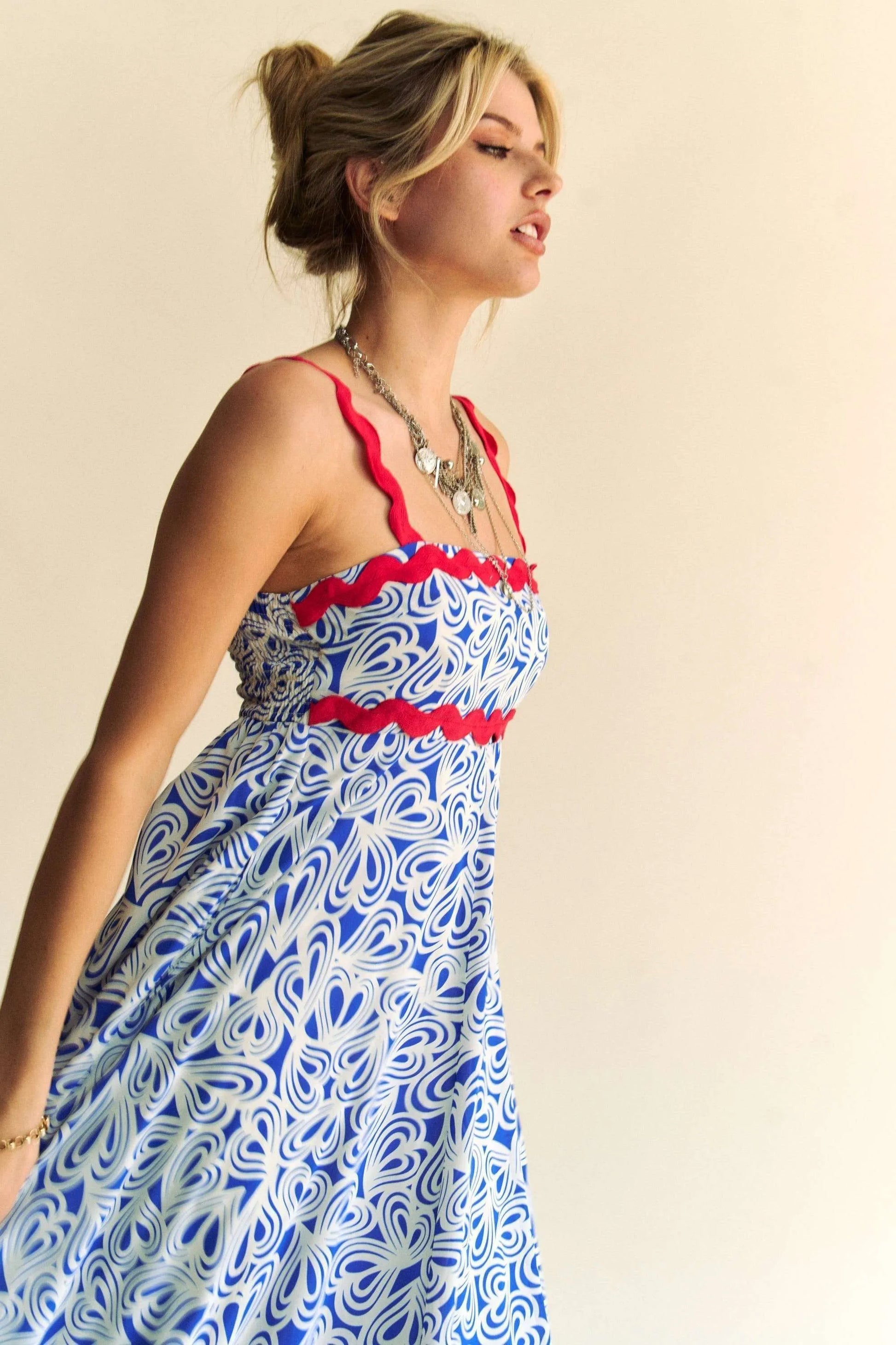 Davi & Dani Geo 2 Tone Printed Wavi Trim Tiered Maxi Dress - Velora