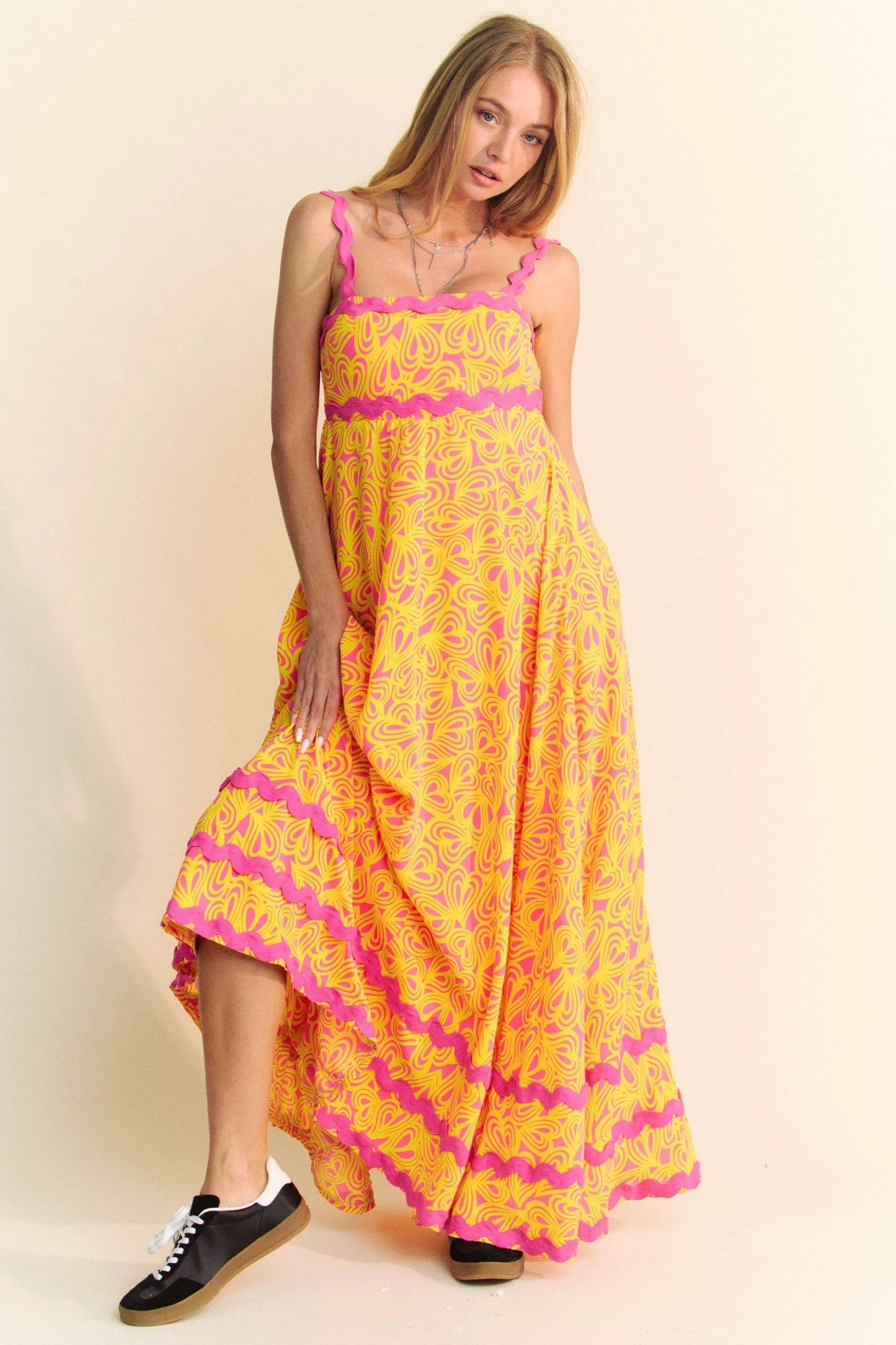Davi & Dani Geo 2 Tone Printed Wavi Trim Tiered Maxi Dress - Velora Luxury Fashion