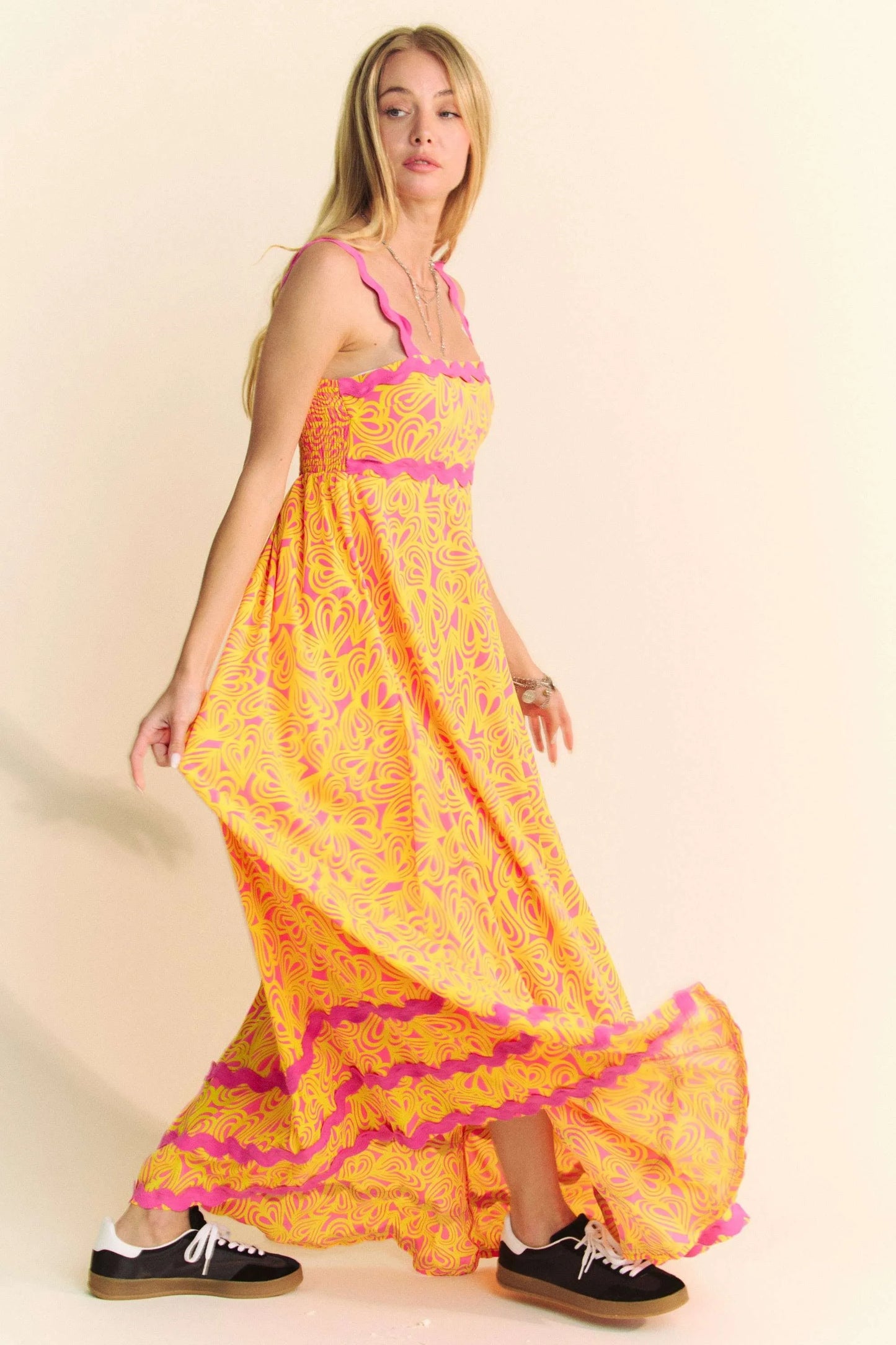 Davi & Dani Geo 2 Tone Printed Wavi Trim Tiered Maxi Dress - Velora Luxury Fashion