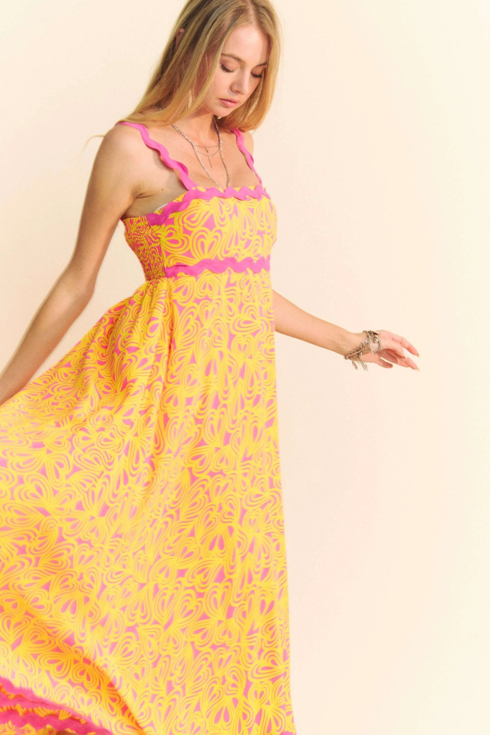 Davi & Dani Geo 2 Tone Printed Wavi Trim Tiered Maxi Dress - Velora Luxury Fashion