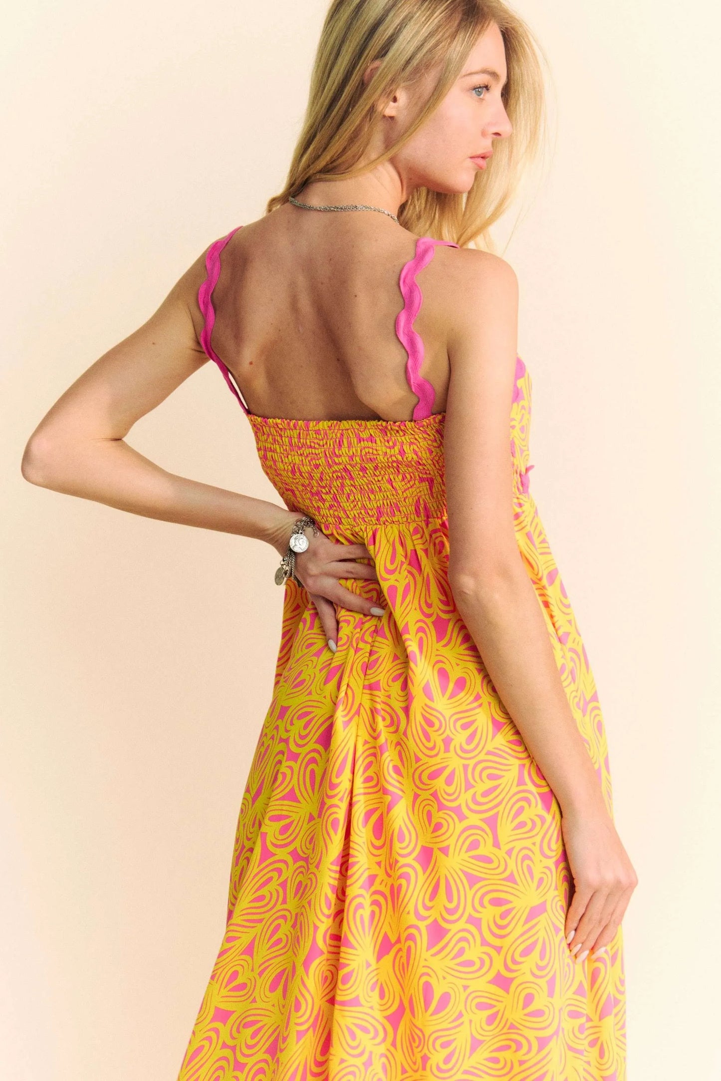Davi & Dani Geo 2 Tone Printed Wavi Trim Tiered Maxi Dress - Velora Luxury Fashion
