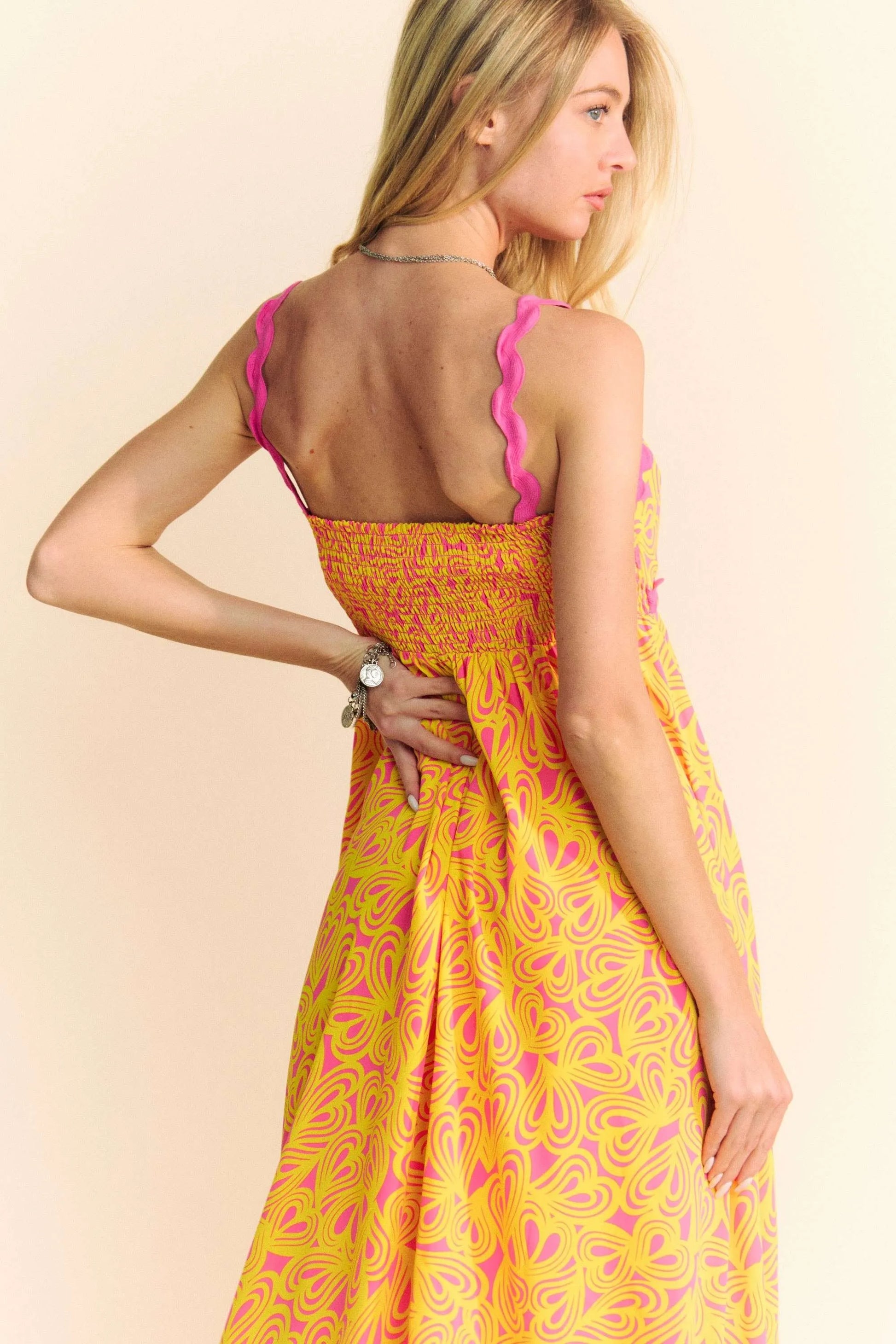 Davi & Dani Geo 2 Tone Printed Wavi Trim Tiered Maxi Dress - Velora Luxury Fashion