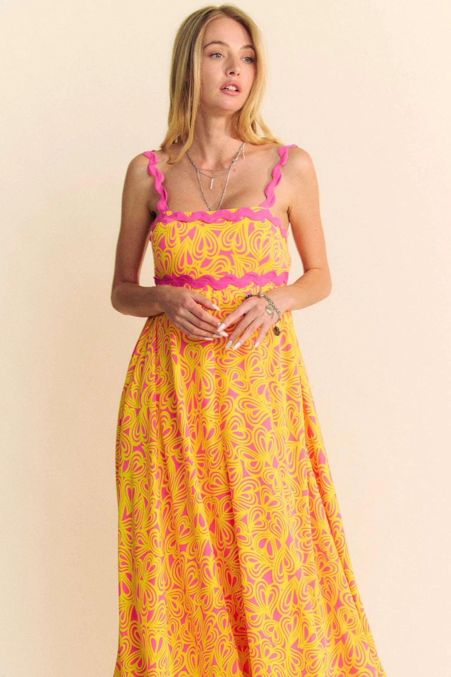 Davi & Dani Geo 2 Tone Printed Wavi Trim Tiered Maxi Dress - Velora Luxury Fashion