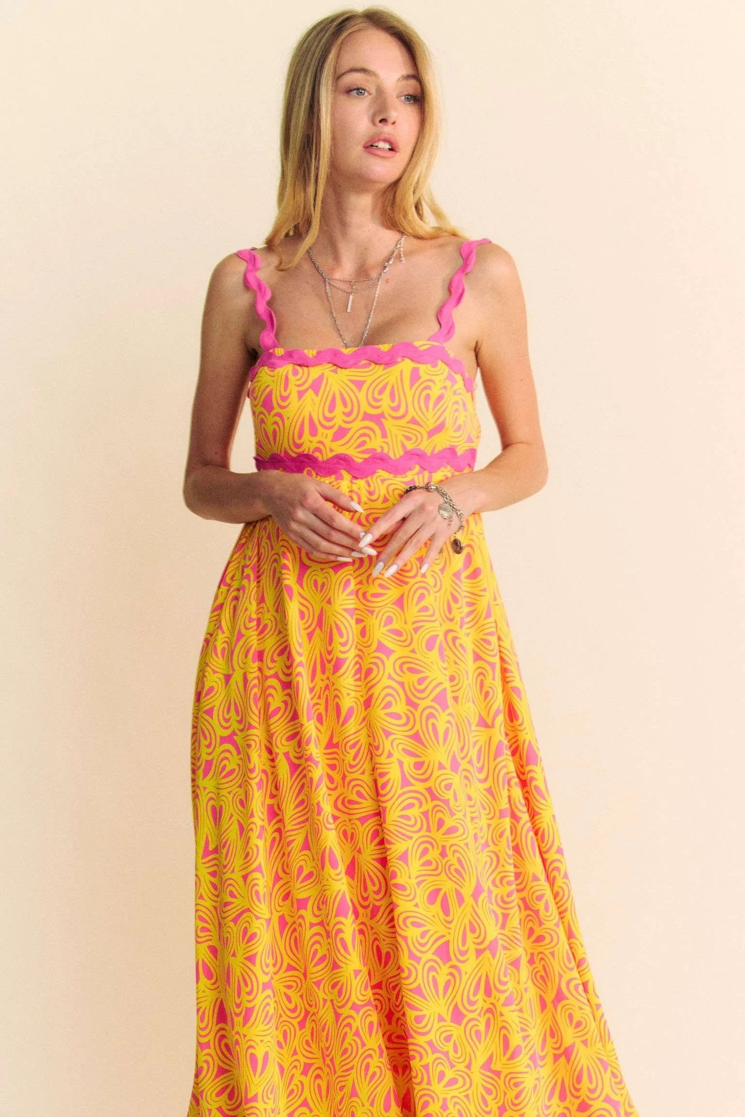 Davi & Dani Geo 2 Tone Printed Wavi Trim Tiered Maxi Dress - Velora Luxury Fashion