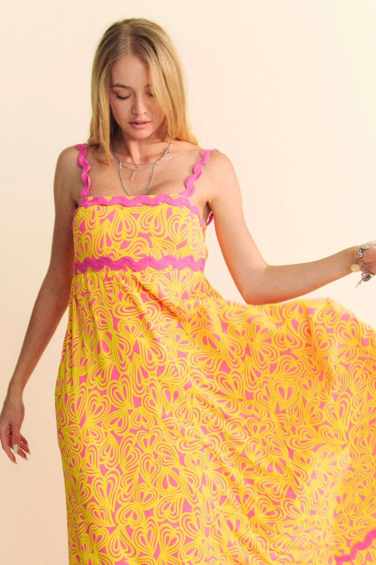Davi & Dani Geo 2 Tone Printed Wavi Trim Tiered Maxi Dress - Velora Luxury Fashion