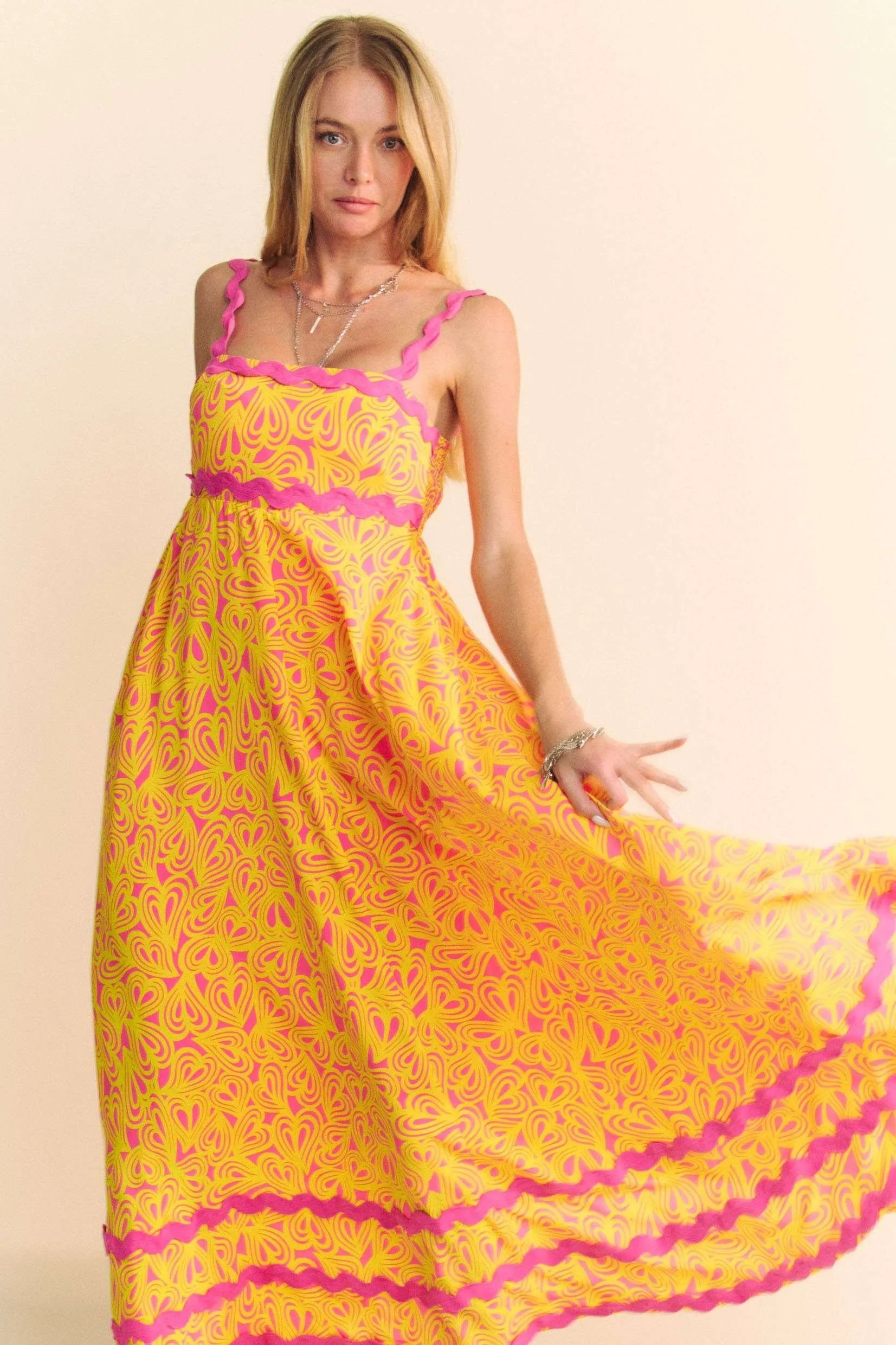 Davi & Dani Geo 2 Tone Printed Wavi Trim Tiered Maxi Dress - Velora Luxury Fashion