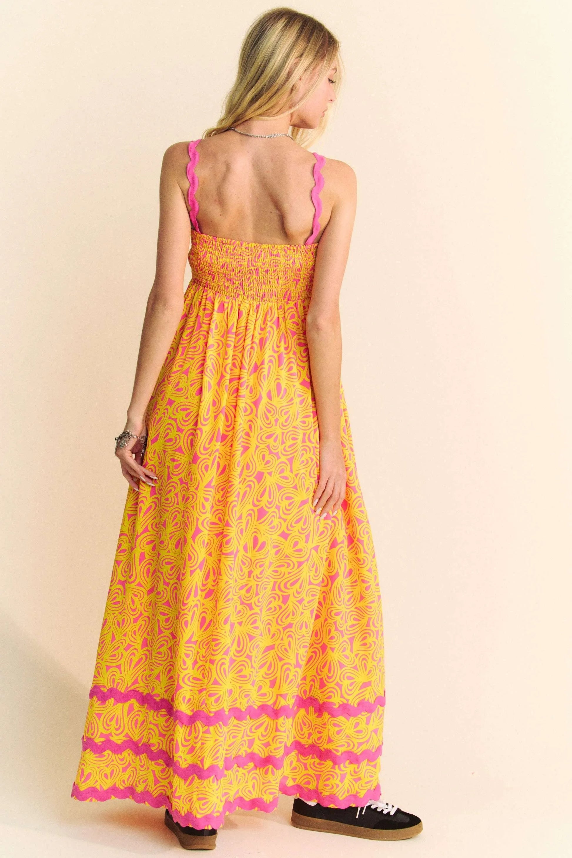Davi & Dani Geo 2 Tone Printed Wavi Trim Tiered Maxi Dress - Velora Luxury Fashion
