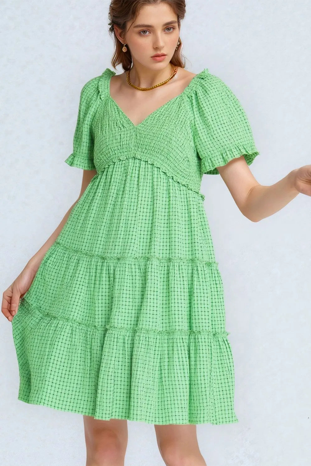 Davi & Dani Jacquard Checker Smocking Tiered Dress - Velora Luxury Fashion