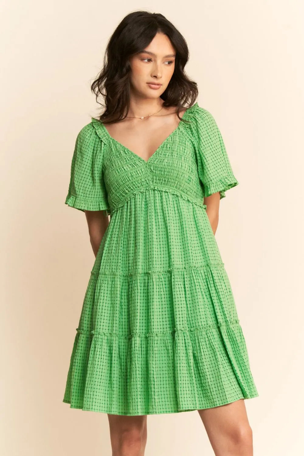 Davi & Dani Jacquard Checker Smocking Tiered Dress - Velora Luxury Fashion