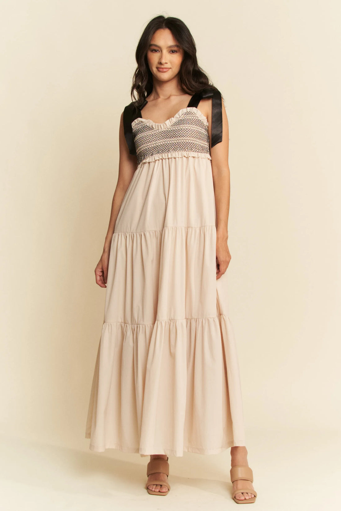 Davi & Dani Multi Contrast Smocked Bodice Straps Maxi Dress - Velora Luxury Fashion