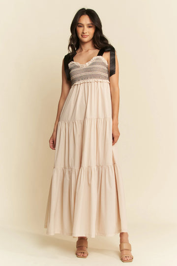 Davi & Dani Multi Contrast Smocked Bodice Straps Maxi Dress - Velora Luxury Fashion