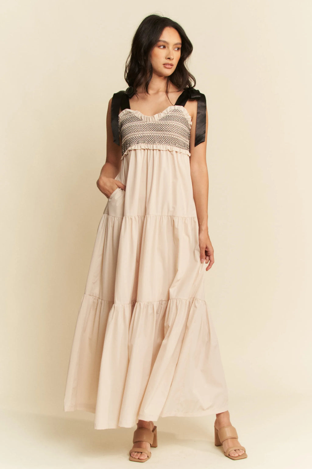 Davi & Dani Multi Contrast Smocked Bodice Straps Maxi Dress - Velora Luxury Fashion