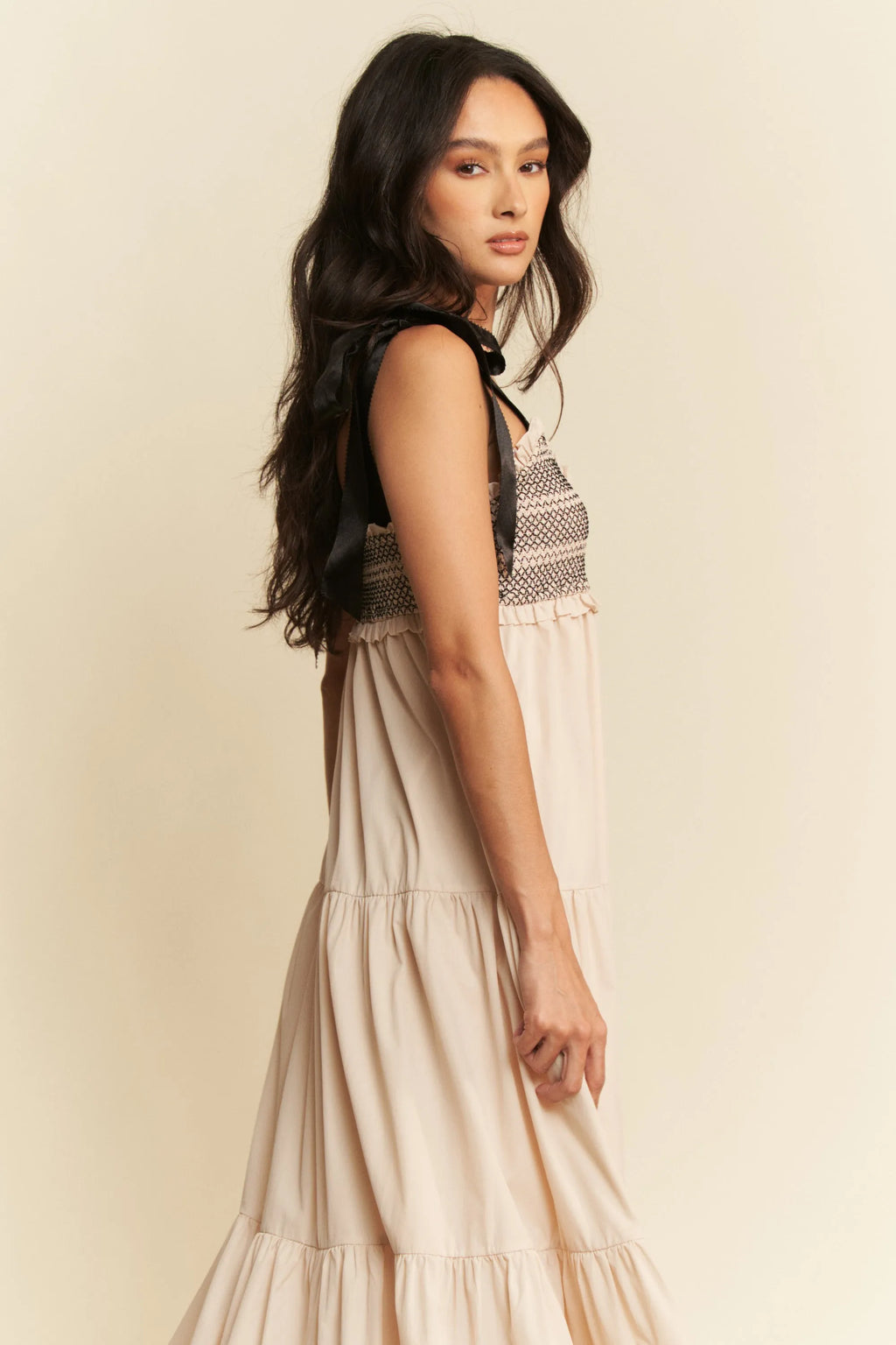 Davi & Dani Multi Contrast Smocked Bodice Straps Maxi Dress - Velora Luxury Fashion