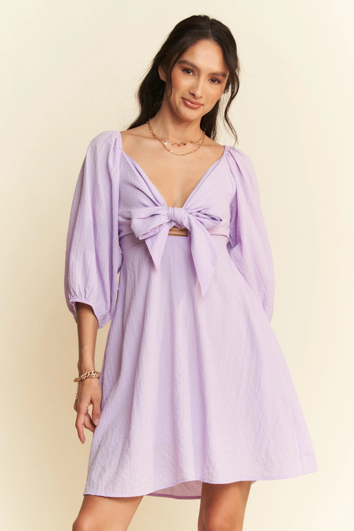 Davi & Dani Self-Tie Puff Sleeve Smocking Open Back Mini Dress - Velora Luxury Fashion