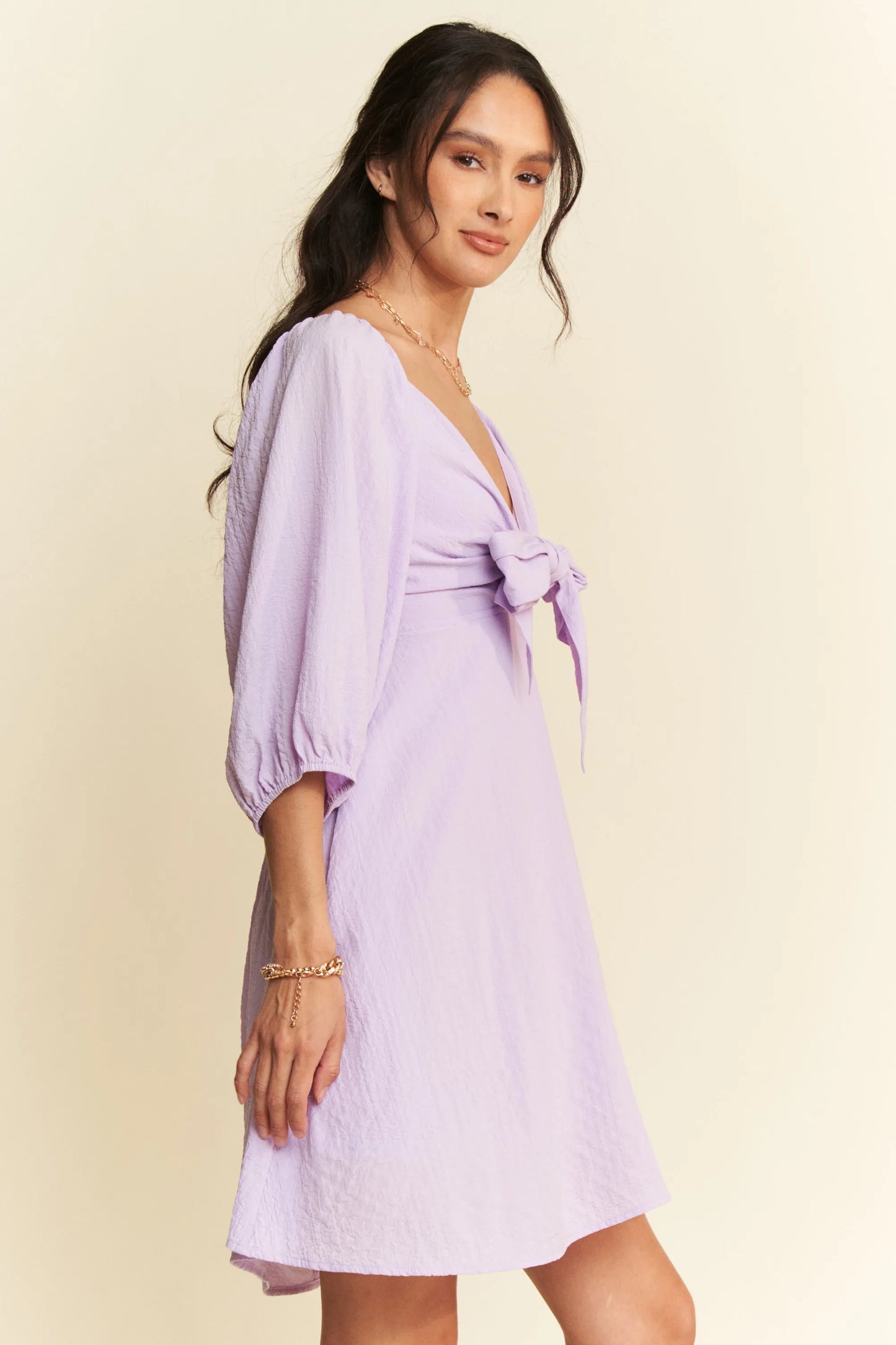 Davi & Dani Self-Tie Puff Sleeve Smocking Open Back Mini Dress - Velora Luxury Fashion