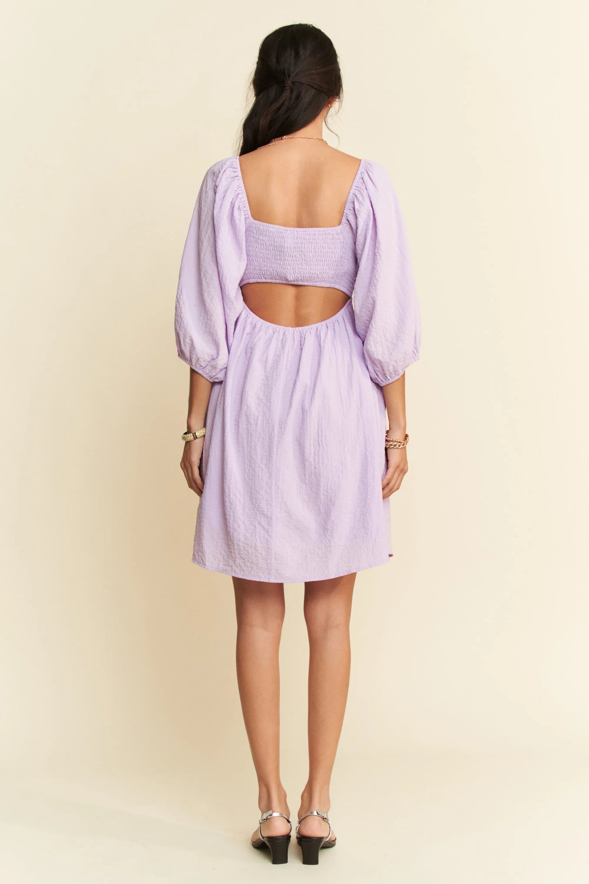 Davi & Dani Self-Tie Puff Sleeve Smocking Open Back Mini Dress - Velora Luxury Fashion