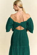 Davi & Dani Swiss Dotted Ruched Ruffle Open Back Midi Dress - Velora Luxury Fashion