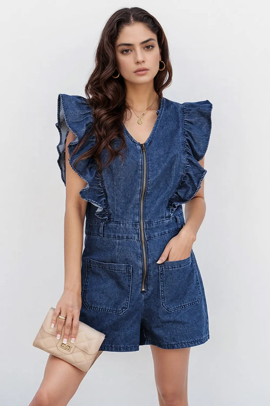 Denim Ruffled Zipped Front Belted Romper - Velora Luxury Fashion