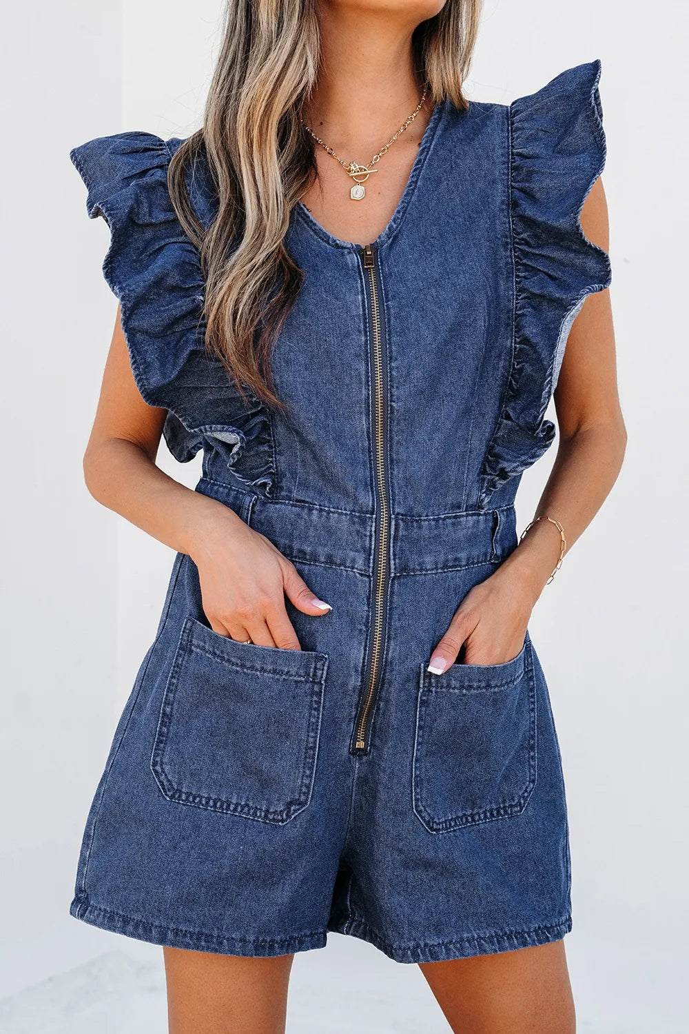 Denim Ruffled Zipped Front Belted Romper - Velora Luxury Fashion
