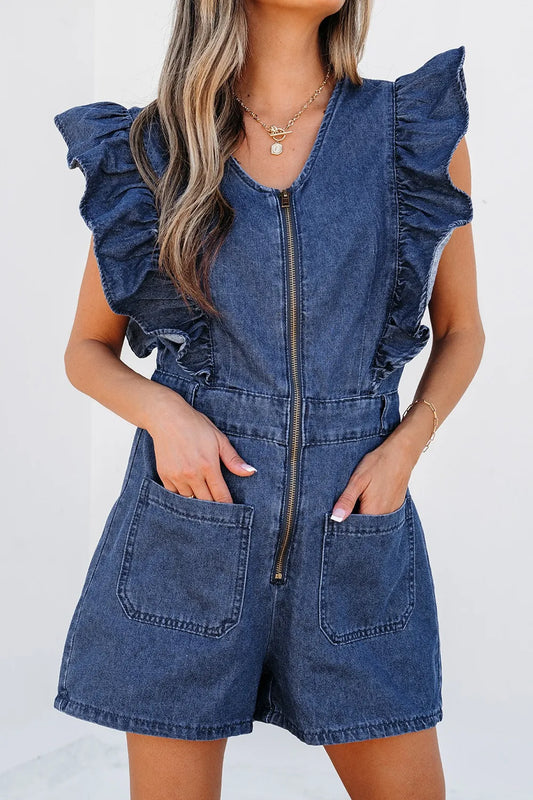 Denim Ruffled Zipped Front Belted Romper - Velora Luxury Fashion