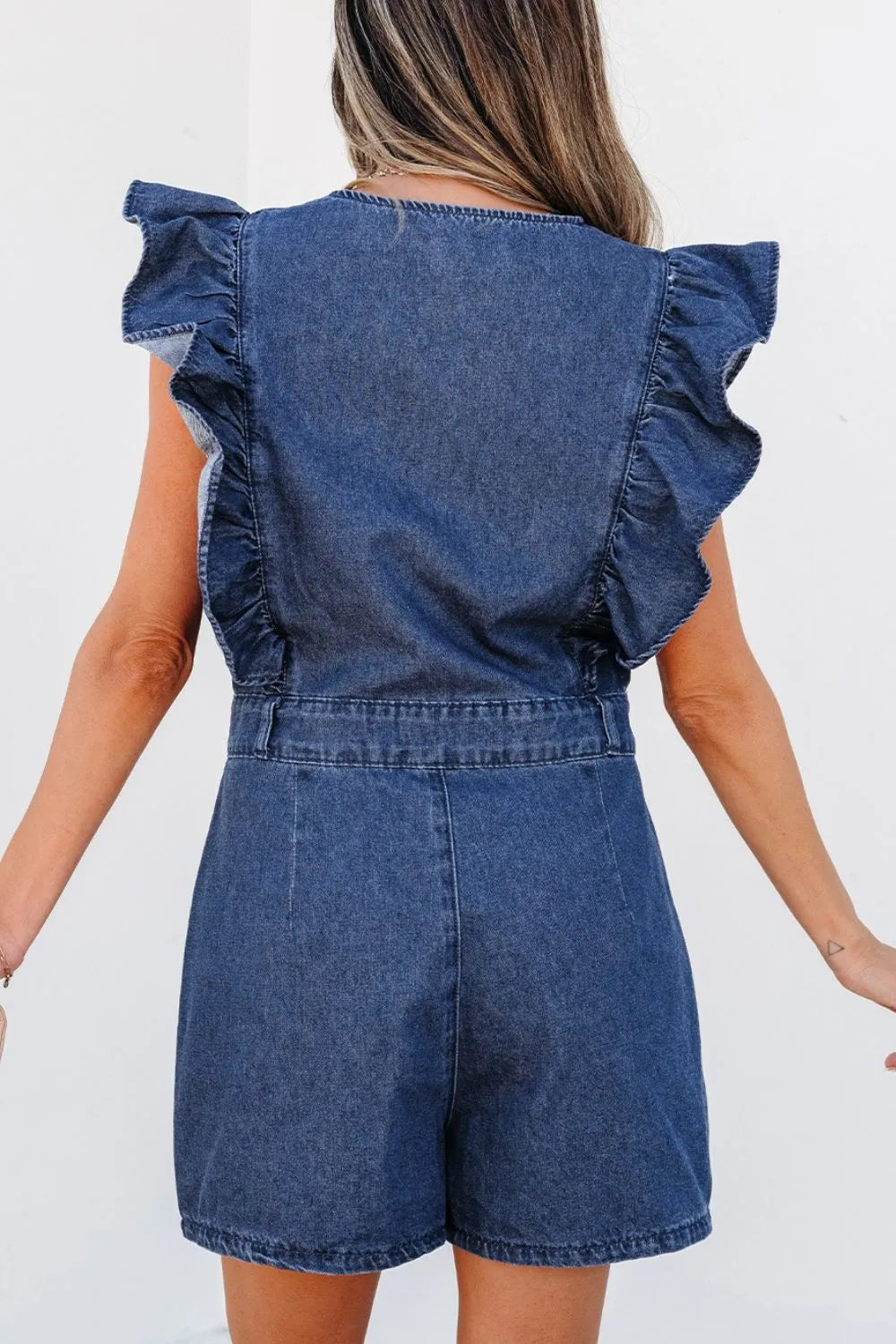 Denim Ruffled Zipped Front Belted Romper - Velora Luxury Fashion