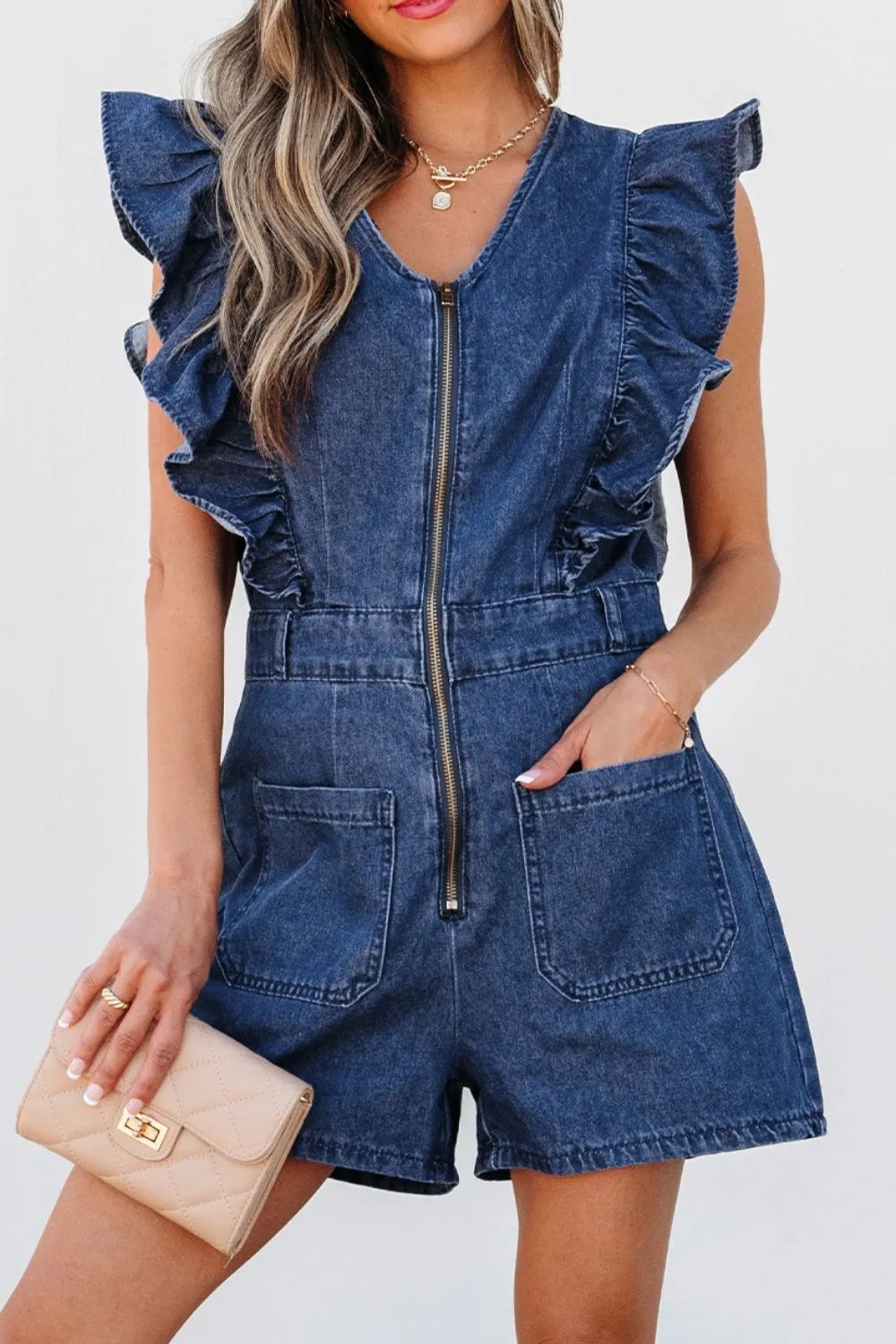 Denim Ruffled Zipped Front Belted Romper - Velora Luxury Fashion