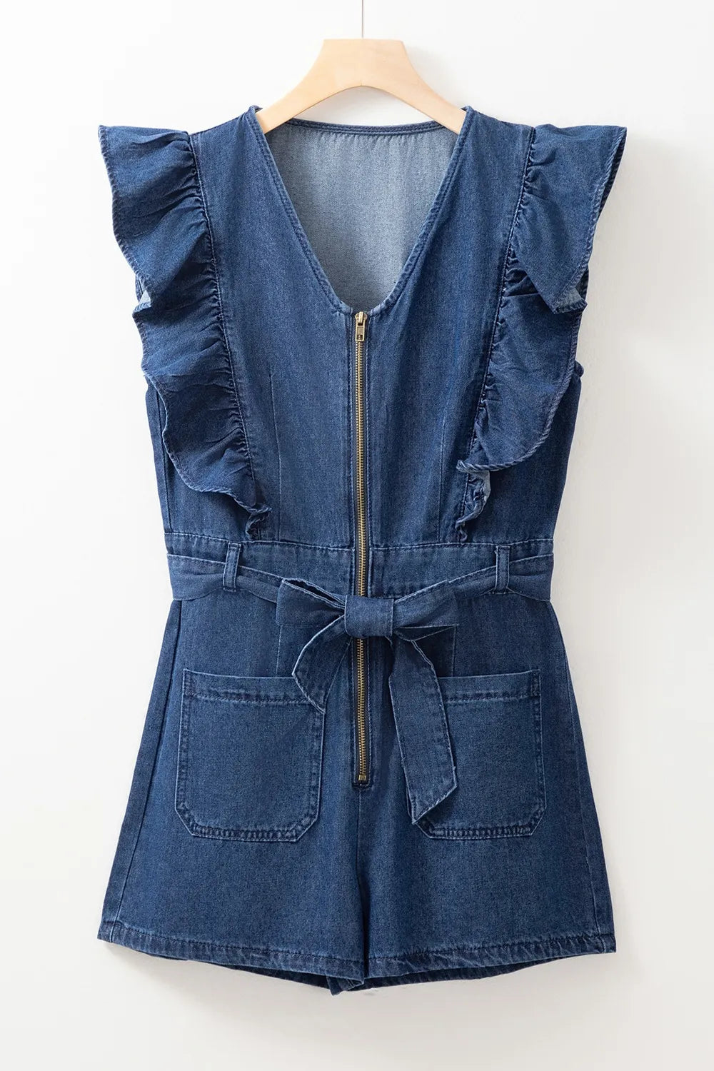 Denim Ruffled Zipped Front Belted Romper - Velora Luxury Fashion