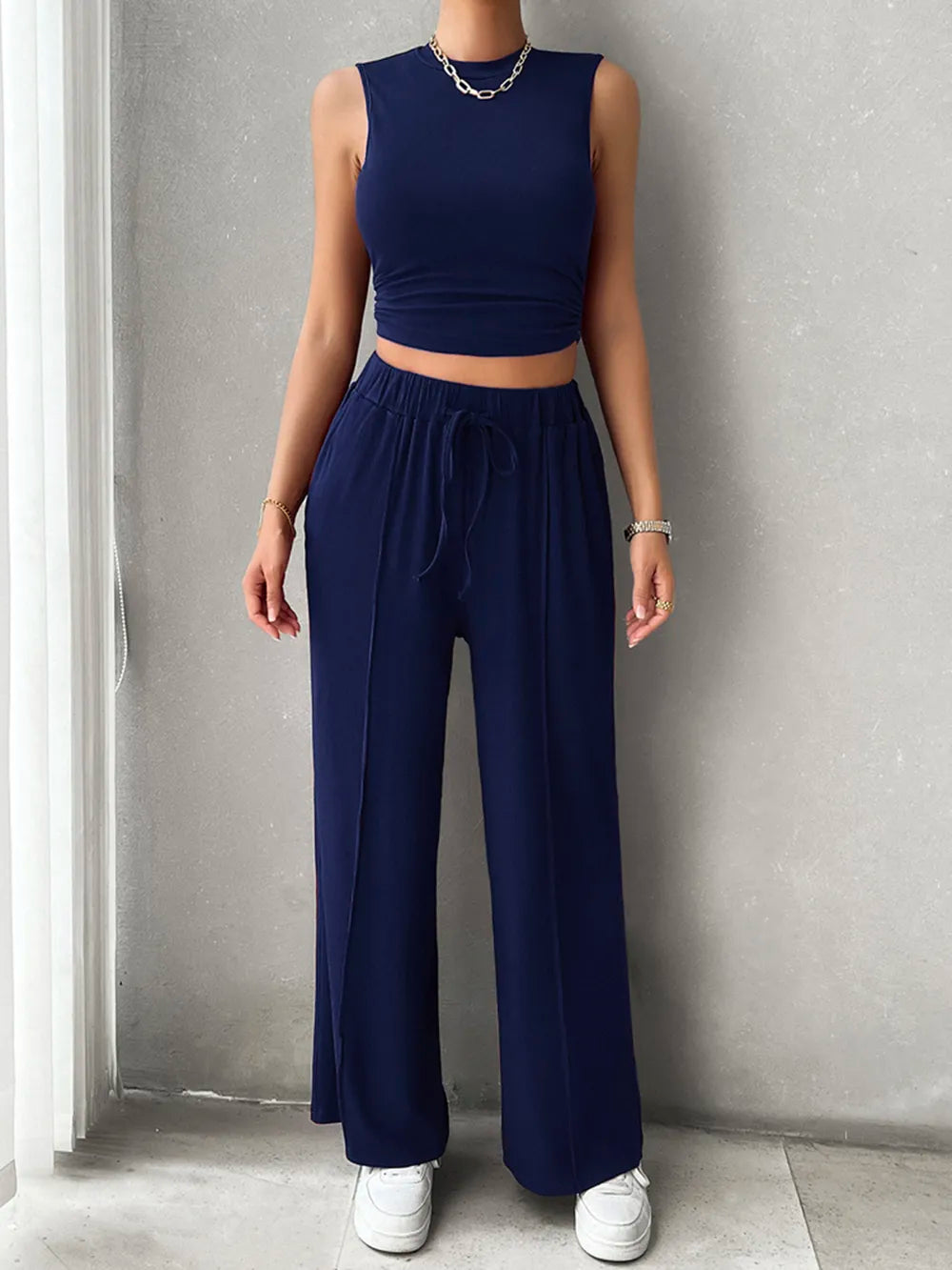 Devine Mock Neck Sleeveless Top and Drawstring Pants Set - Velora Luxury Fashion