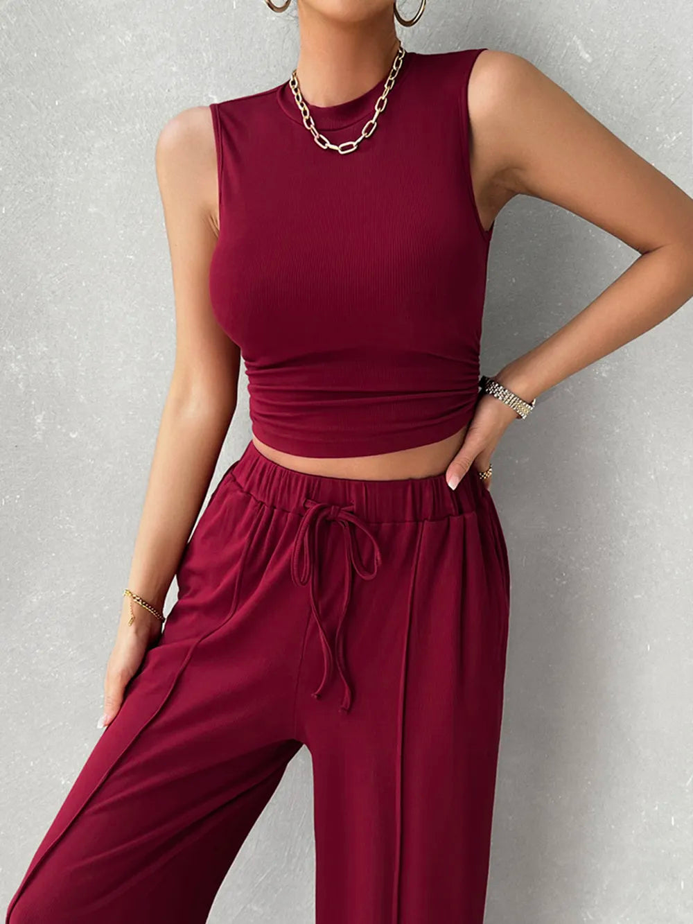 Devine Mock Neck Sleeveless Top and Drawstring Pants Set - Velora Luxury Fashion