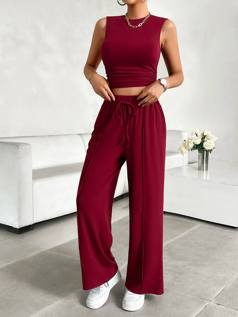 Devine Mock Neck Sleeveless Top and Drawstring Pants Set - Velora Luxury Fashion