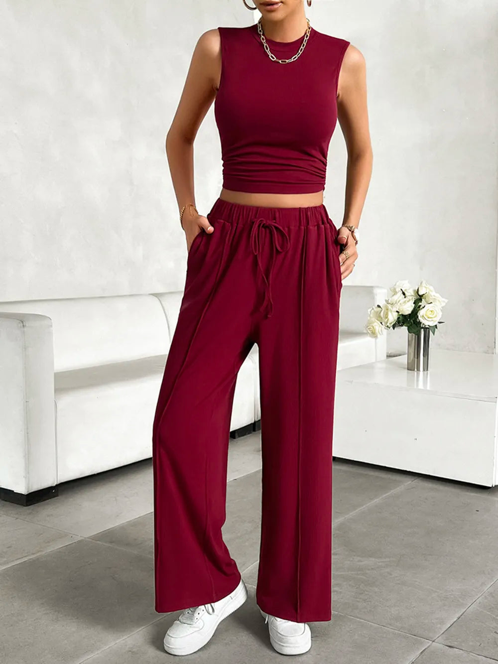 Devine Mock Neck Sleeveless Top and Drawstring Pants Set - Velora Luxury Fashion
