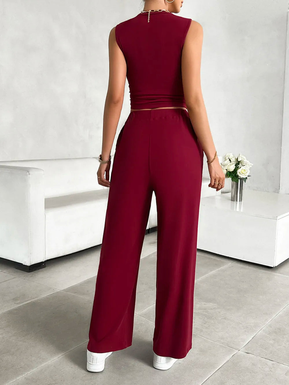 Devine Mock Neck Sleeveless Top and Drawstring Pants Set - Velora Luxury Fashion