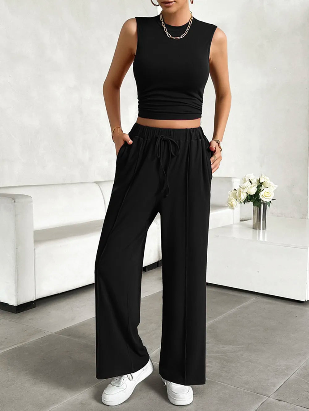 Devine Mock Neck Sleeveless Top and Drawstring Pants Set - Velora Luxury Fashion